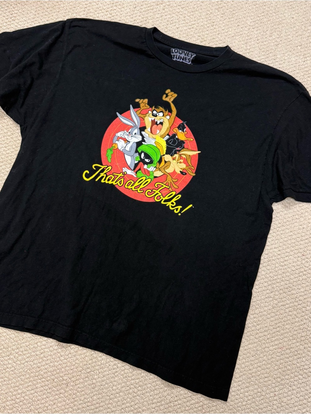 Looney Tunes Black Graphic Tee - "That's All Folks!" Size XL